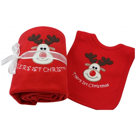 Personalised Baby 1st Christmas Reindeer Soft Blanket & Bib